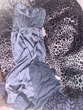 Embellished Satin Evening Gown - Steel Blue